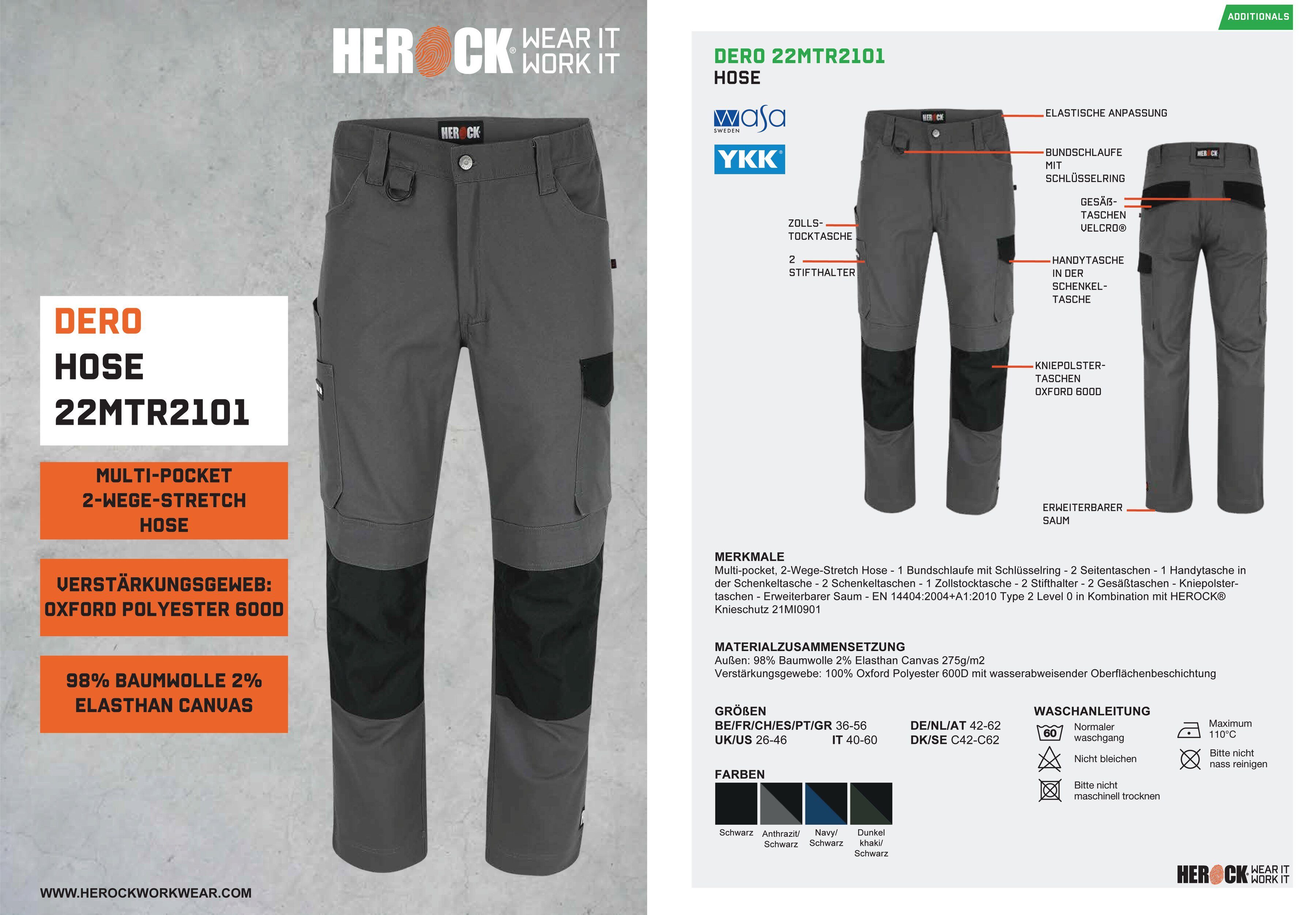 Herock Arbeitshose DERO Slim Fit Passform, Multi-Pocket, 2-Wege-Stretch, wasserabweisend