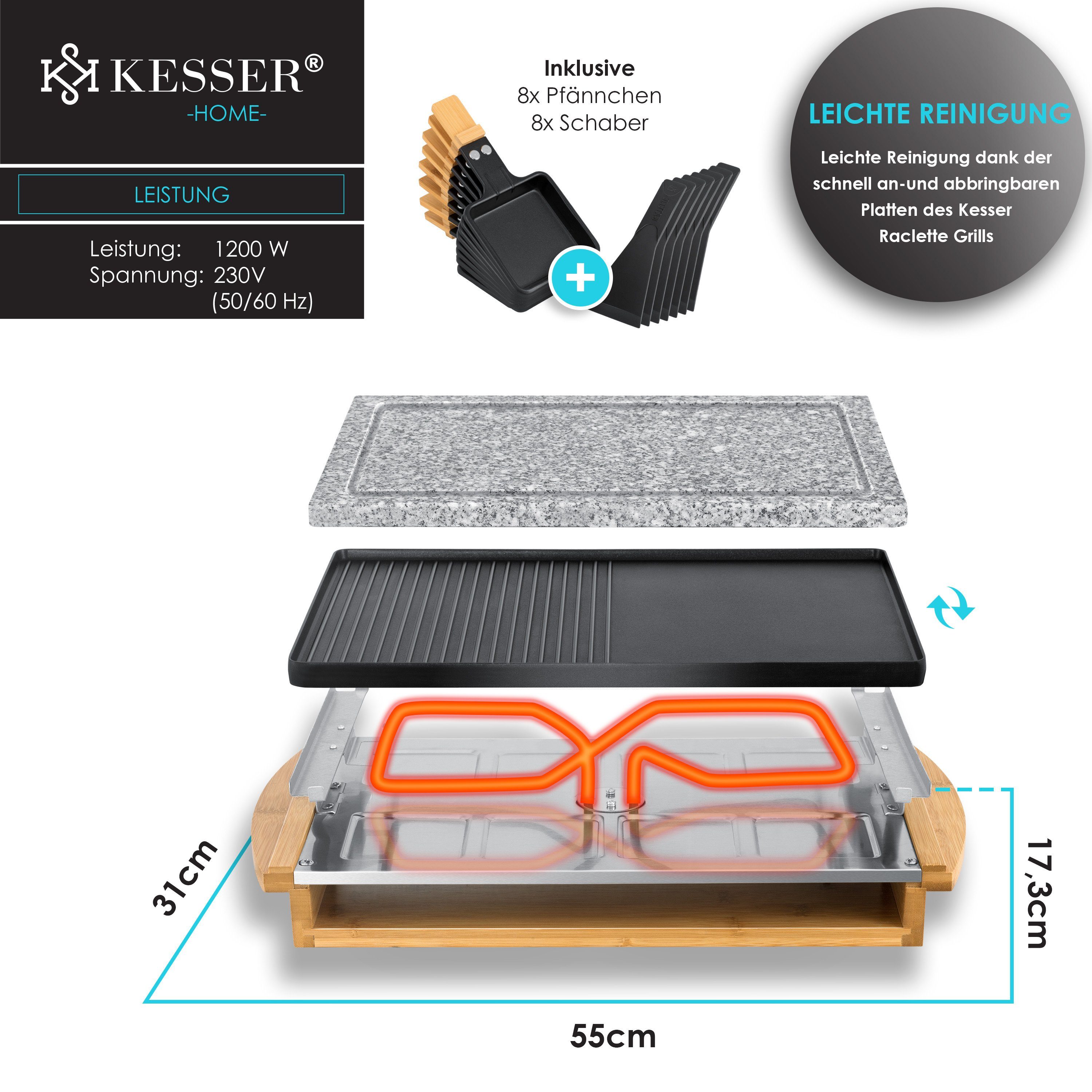 KESSER Raclette, 8 Raclettepfännchen, 1200 W, Raclette-Grill mit Naturgrillstein, Grillplatte Tischgrill