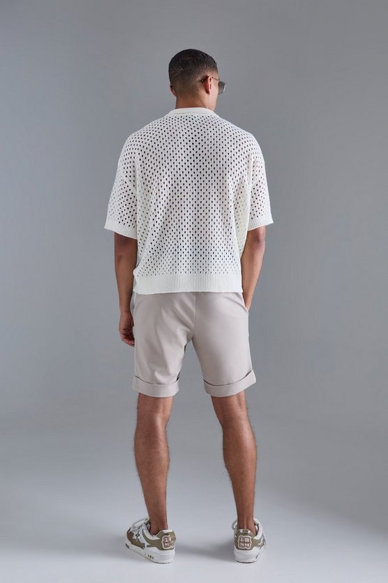 Kastiges gehäkeltes V-Ausschnitt Poloshirt in Ecru