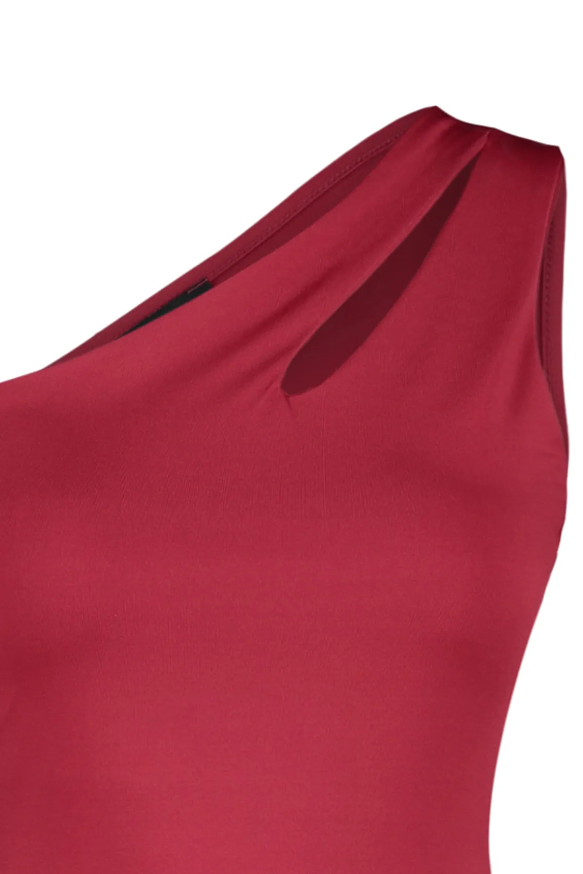 Trendyol Collection  Cherry Rotten Asymmetrischer Kragen Cut Out Detail Stretch-Strickbody mit Druckknöpfen TWOSS23BD00014