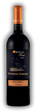 Rigal, Troisième Terrasse, Malbec, Cahors AC, 2016, Süd-West Frankreich  Rigal, Troisième Terrasse, Malbec, Cahors AC, 2016, Süd-West Frankreich  Ein üppiger Wein mit seidigen Tanninen. Jahrgang 2016 - 0,75	 Liter - Vol 14,5%