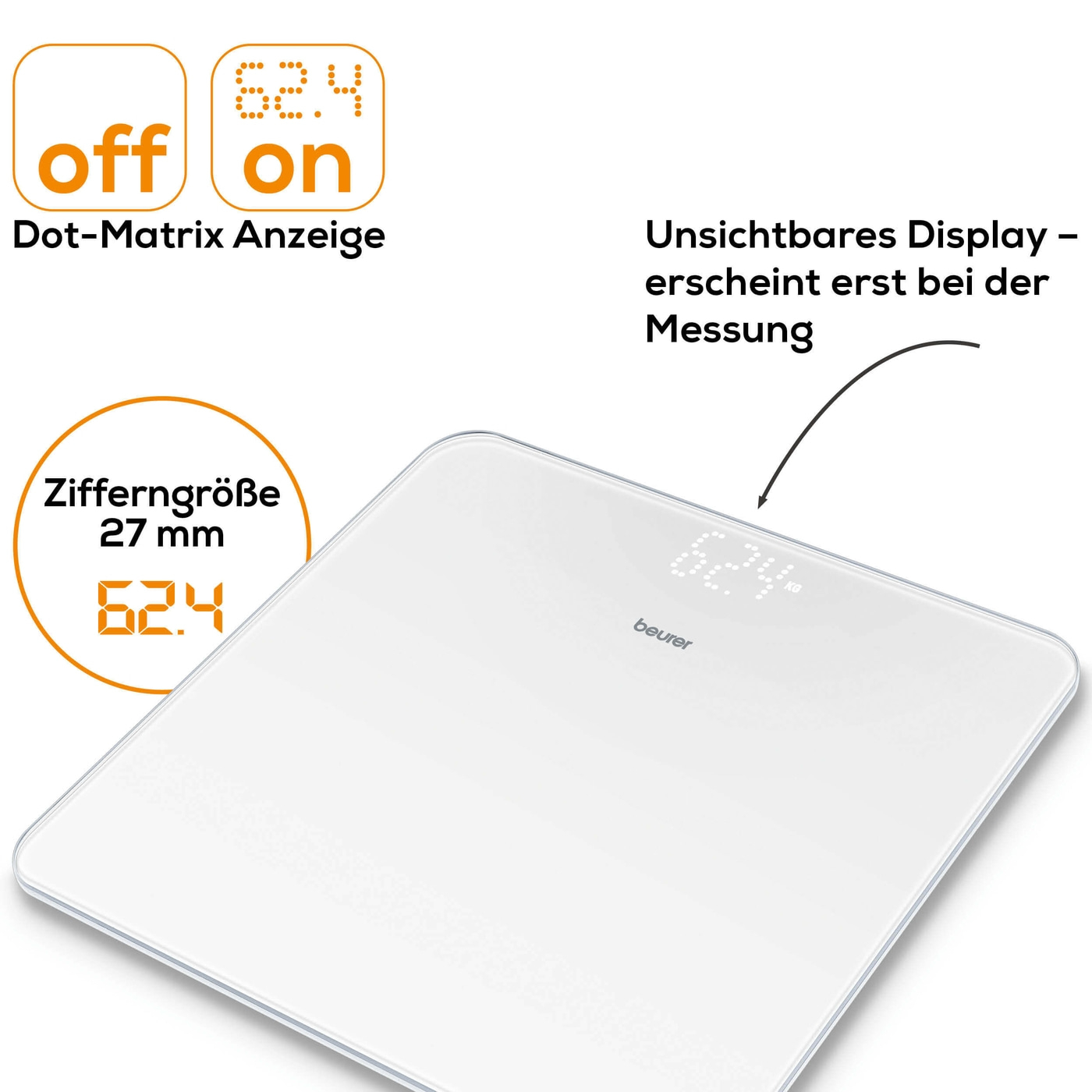 Beurer Glaswaage - GS 225-Personenwaage aus Glas mit unsichtbarem Magic-Display - bis 180 kg