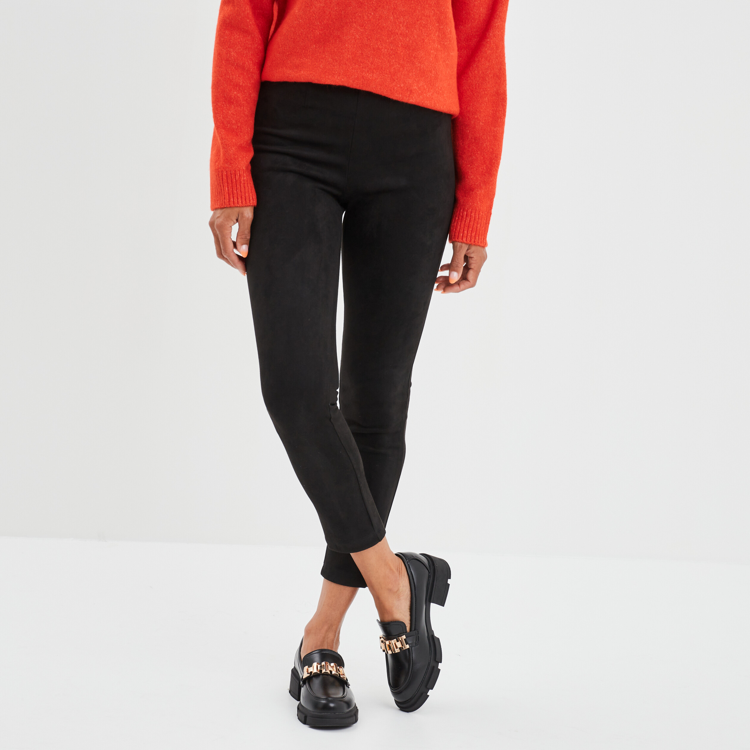 Pantalon suédine slim taille élastiquée noir femme | La Halle