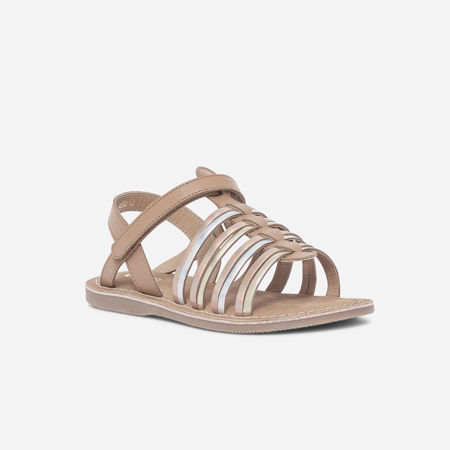 Sandale camel en cuir à brides cuivré, argent et or