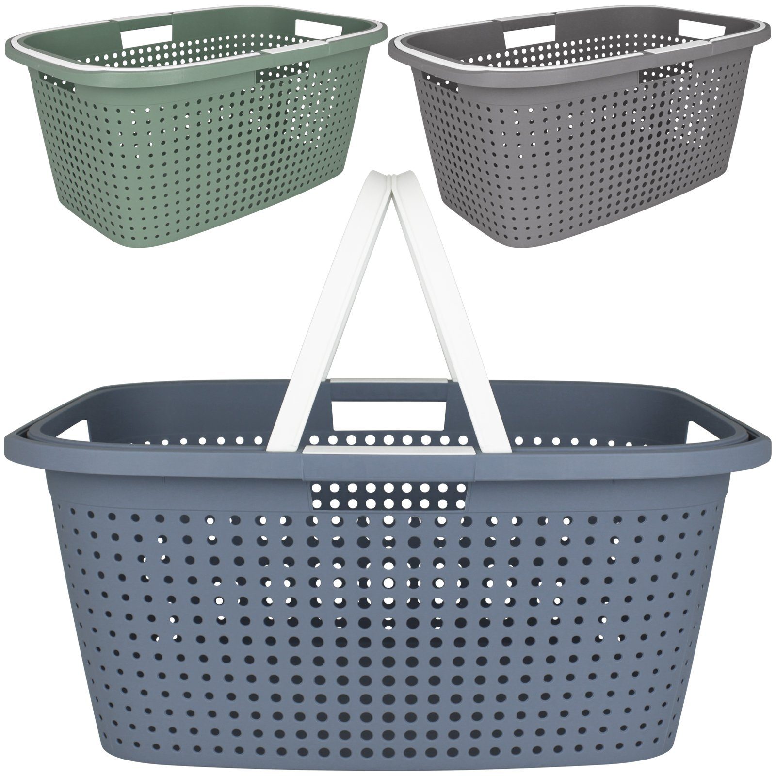 Koopman Wäschewanne Wäschebkorb Lochmuster 45L Farbwahl Henkel Rattan Optik, Plastikwanne Wäschesammler Wäsche Haushaltkorb Kunststoff