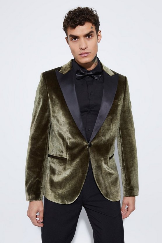 Slim-Fit Samt-Anzugjacke mit Kontrast-Revers