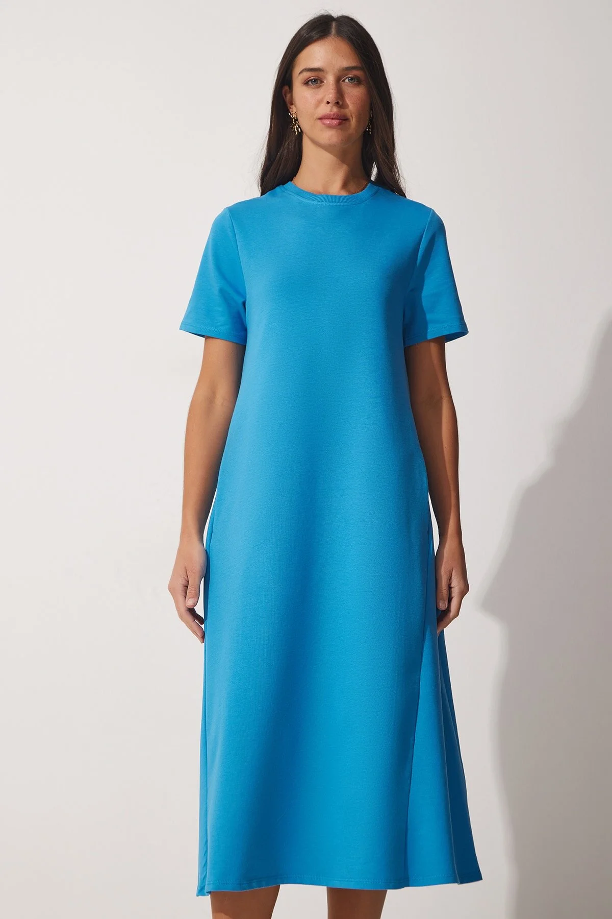 Happiness İstanbul  Blaues A-Linien-Sommerkleid für Damen aus gekämmter Baumwolle UB00060