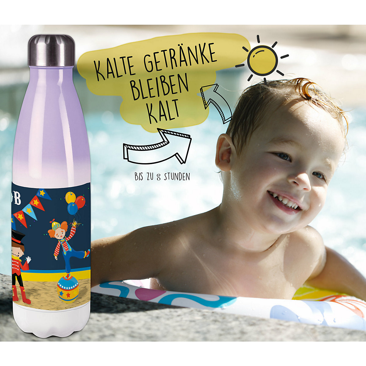 Edelstahl Kinder Thermoflasche / Trinkflasche bunt Circus Spülmaschinenfest, Auslaufsicher, Bruchfest, Doppelwandig, Für Heißgetränke geeignet, Mit Deckel, Isoliert