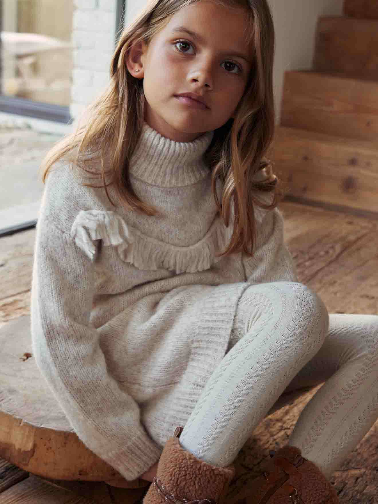 Vertbaudet Mädchen Strickkleid mit Fransen - beige meliert