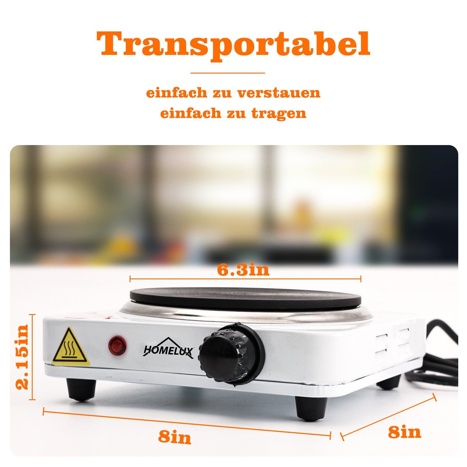 HOMELUX Einzelkochplatte Kochplatte Edelstahl Herdplatte Kochfeld, 5 Leistungsstufen, 16cm/1000W; 18cm/1500W