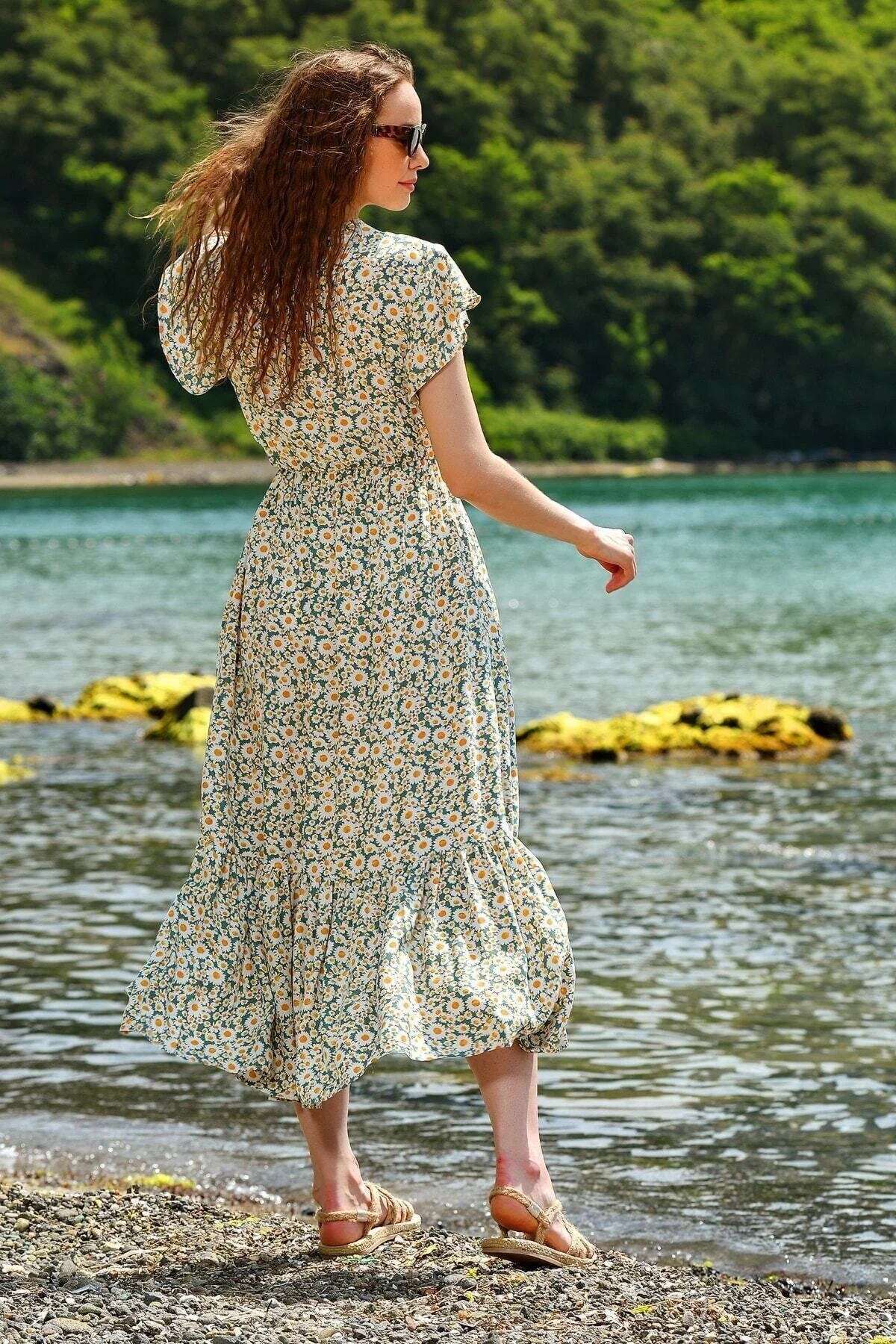 Trend Alaçatı Stili  Damen-Maxikleid mit Blumenmuster, Mintgrün, zweireihig, ALC-X4373