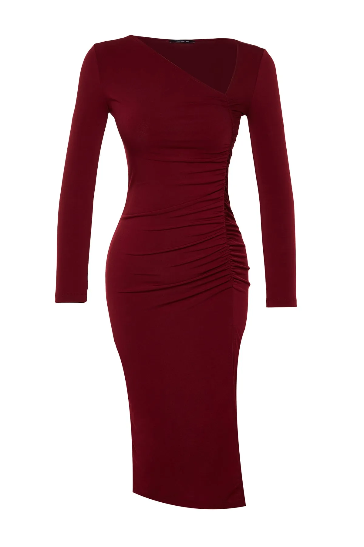 Trendyol Collection  Burgunderrotes, figurbetontes, asymmetrisches Kragen-Midi-Bleistiftkleid aus Strick mit Schlitz und langen Ärmeln TWOAW24EL00118