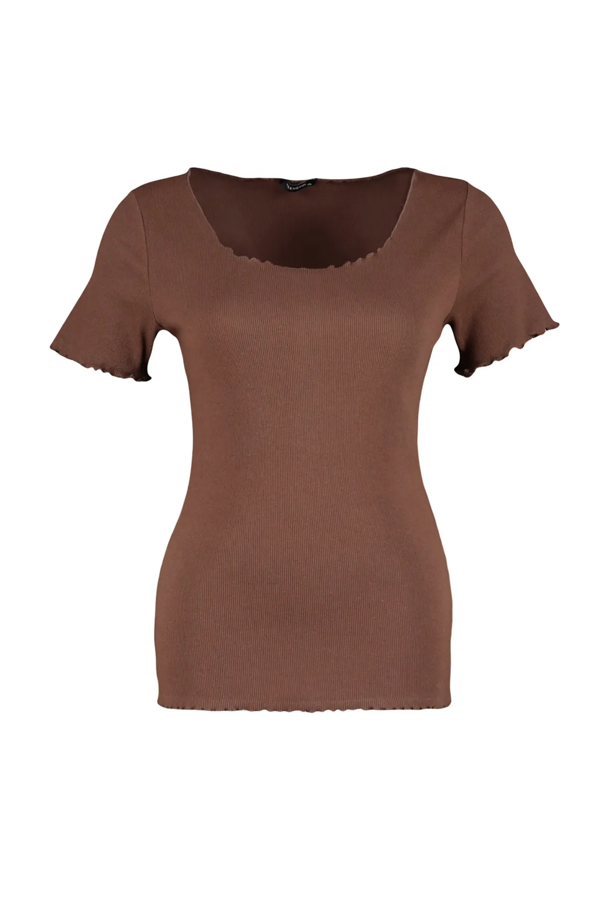 Trendyol Curve  Braunes, schnurgebundenes Strick-T-Shirt mit U-Ausschnitt TBBSS23BF00010