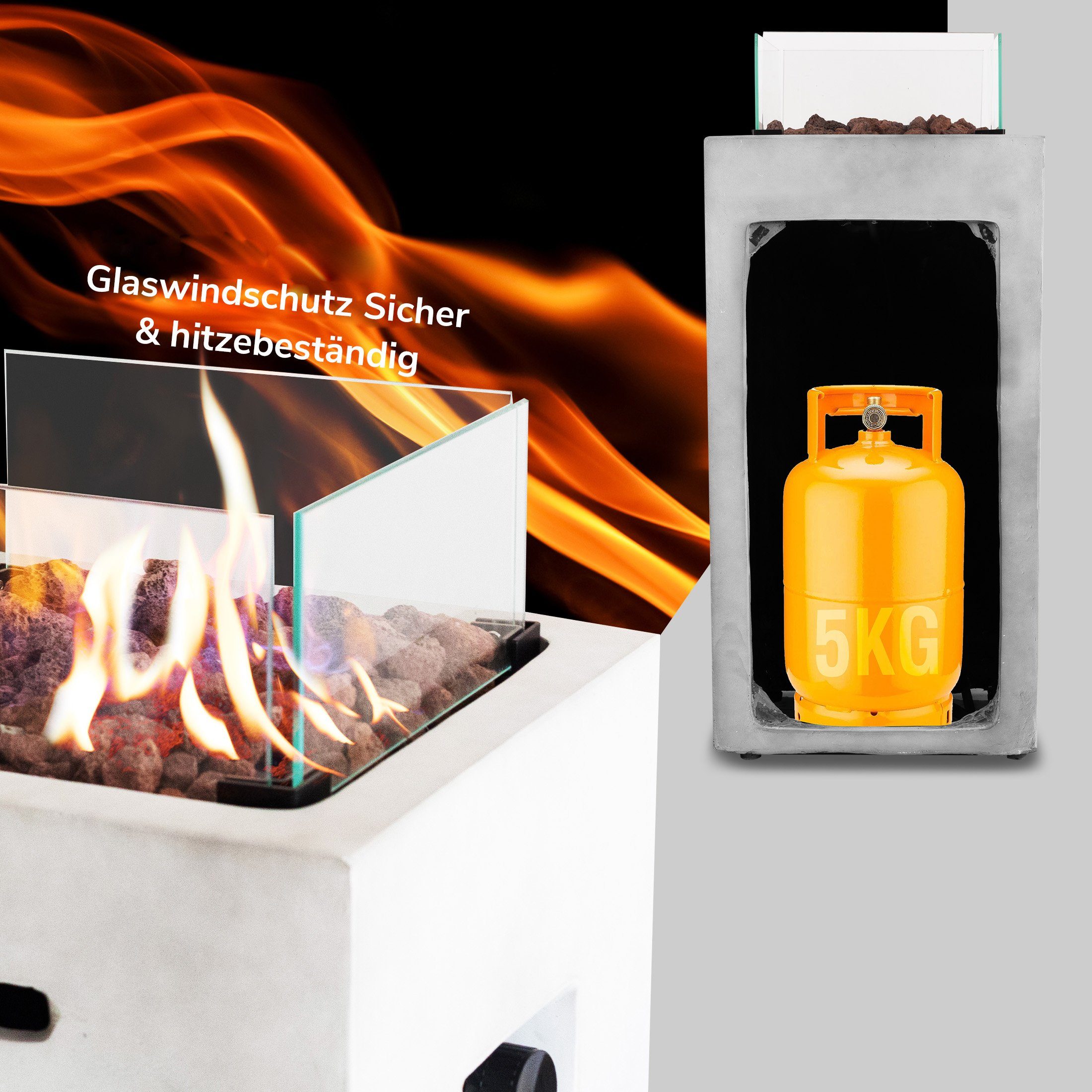 Zoomyo Feuertisch Feuertisch mit Gasbetrieb, quadratisch, (mit Spezialglas-Umrandung, ideal, um Sommernächte im Freien zu verlängern), inkl. Lavasteine & Regenhaube