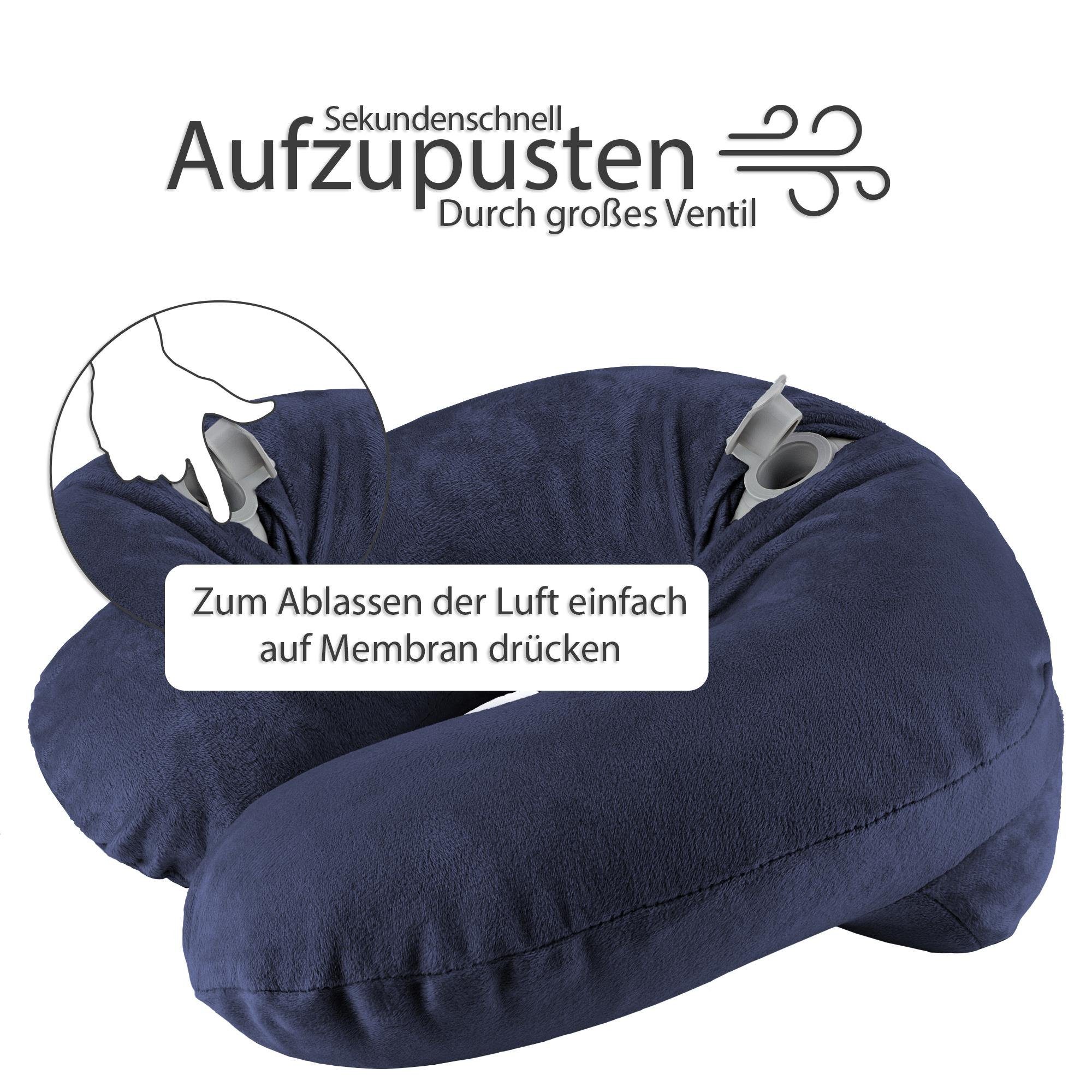 EAZY CASE Nackenhörnchen Aufblasbares Nackenhörnchen mit Stoffbezug, Nackenhörnchen, ergonomisch, U-Form, aufblasbares Nackenkissen, Camping, Weiches Fleece Kissen, Auto Reise Set inklusive Schlafmaske & Ohrstöpsel, Blau
