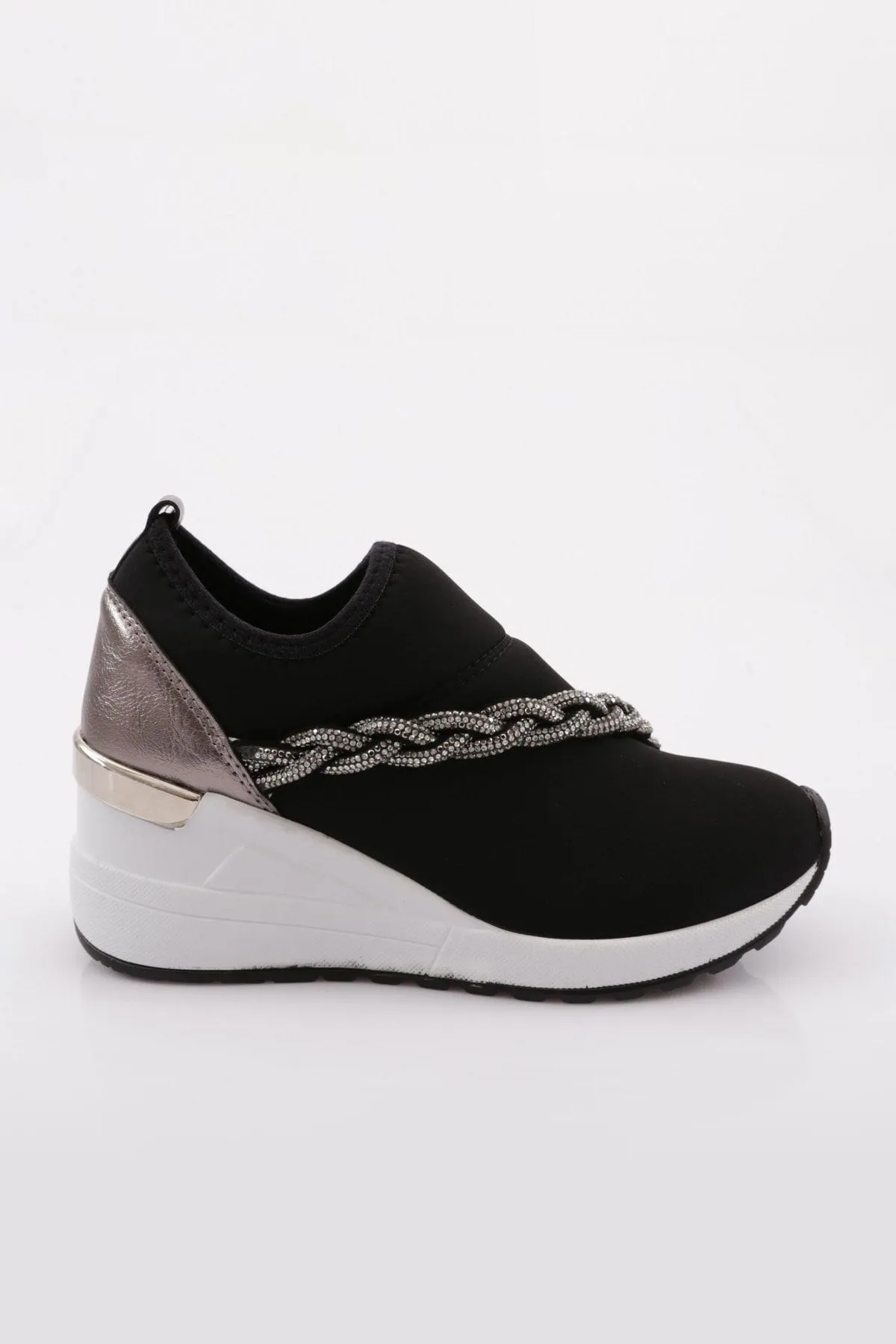 DGN  Schwarze Platin-Sneakers für Damen Modell 0112 – Dicke Sohle mit silbernen Steinen und floralem Detail
