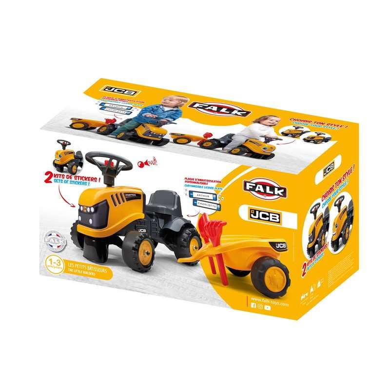 Porteur tracteur JCB avec remorque, pelle et rateau Falk