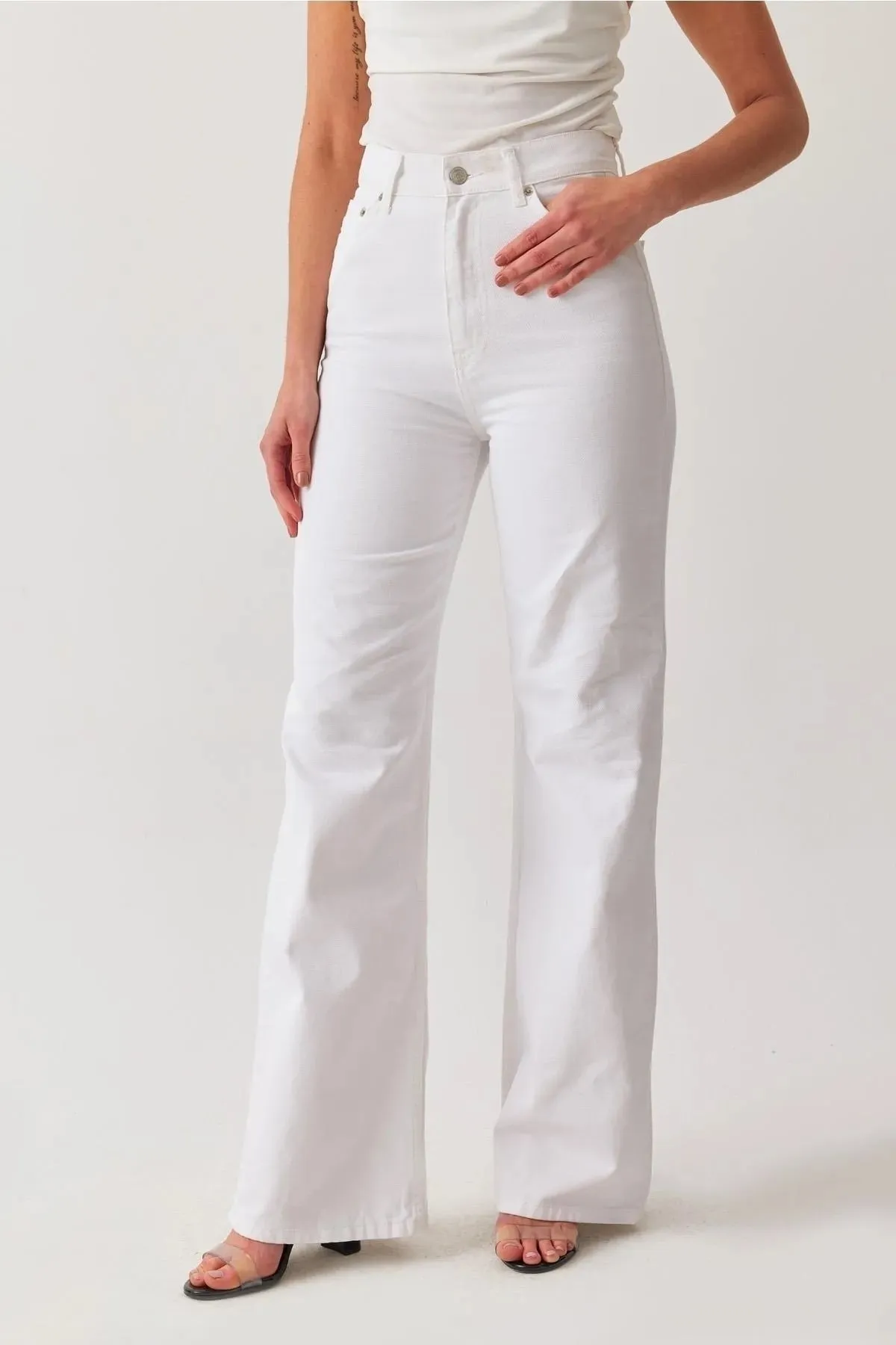 LİMABEL  Weiße Palazzo-Hose mit hoher Taille und weitem Bein, Jeans mit weitem Bein