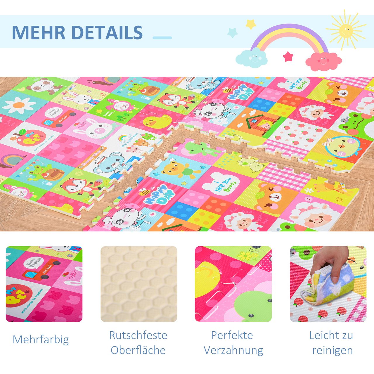 HOMCOM Puzzlematte für Babys Kinder Spielmatte spiel erziehung klappbar EVA foam Tiere Muster 61,5 x 61,5 cm