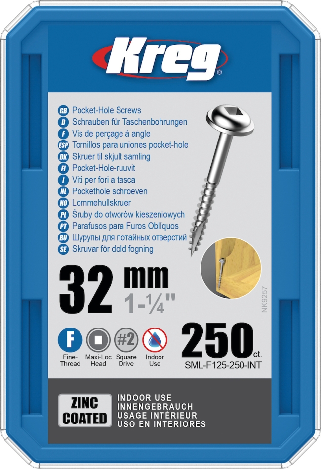 Kreg SML-F125-250-INT Vijaki za žepne luknje 32 mm Pocinkani Maxi-Loc fini navoj 250 kosov