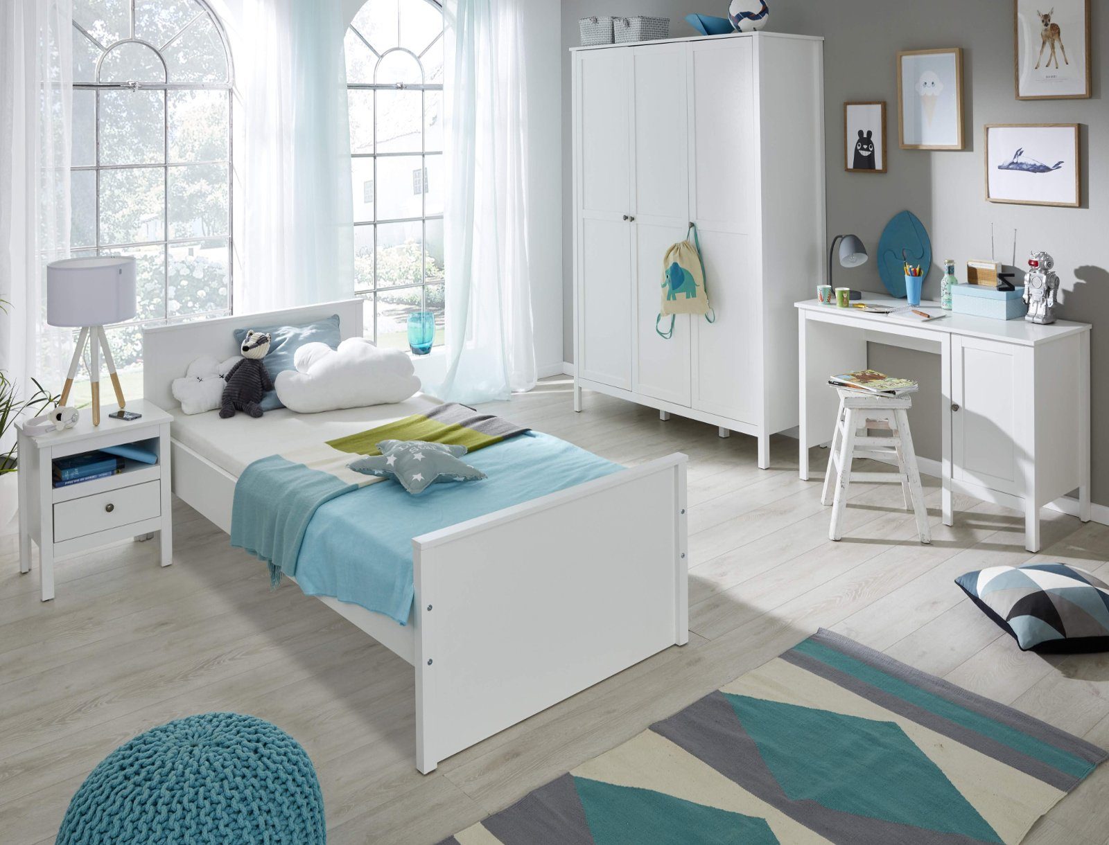 trendteam Jugendzimmer-Set Ole, (Komplett-Set, 4-St., mit XXL-Kleiderschrank, Schreibtisch, Bett und Nachttisch), in weiß, Landhaus modern