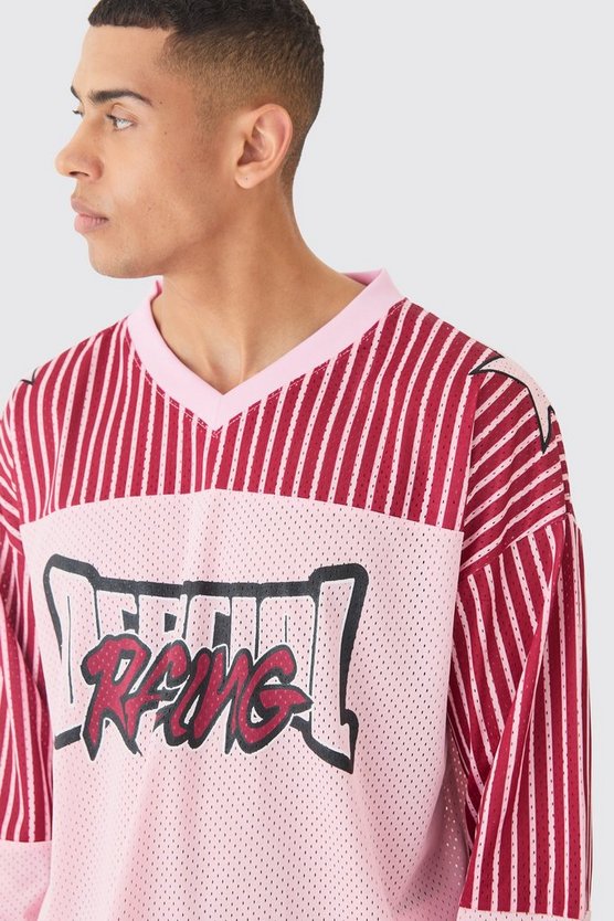Langärmliges Oversize Mesh-Oberteil mit Official Streifen