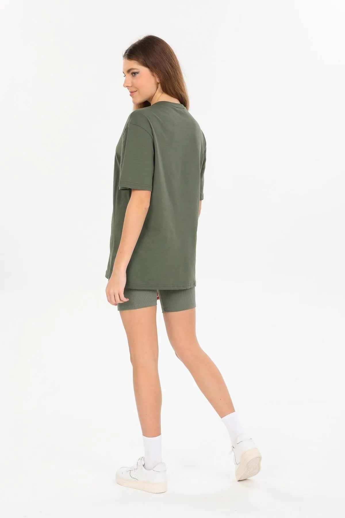 Domoda  Khakifarbenes Oversize-Fit-Baumwoll-Kurzarm-Basic-T-Shirt für Damen und Herren