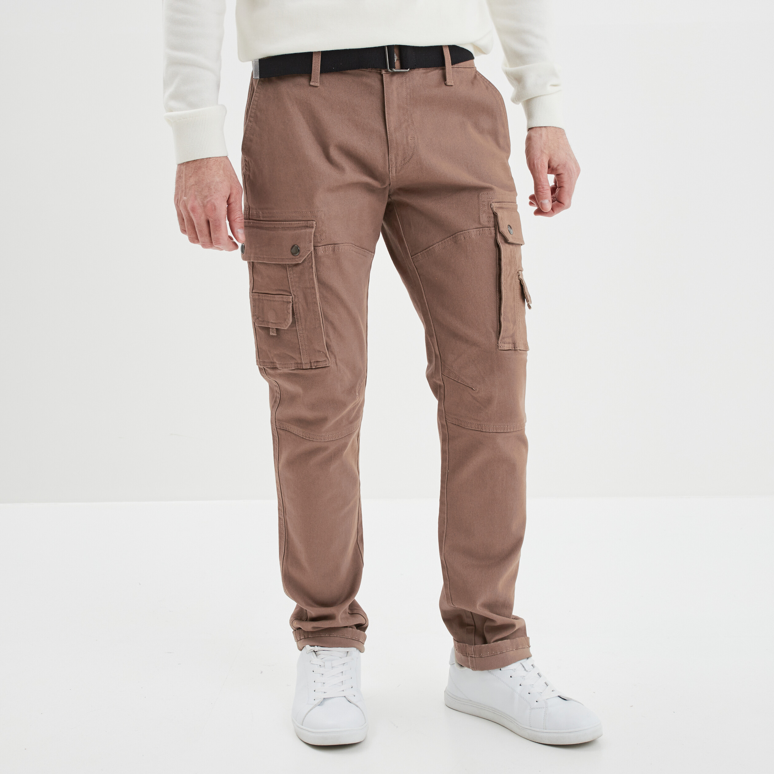 Pantalon cargo regular ceinturé marron homme | La Halle