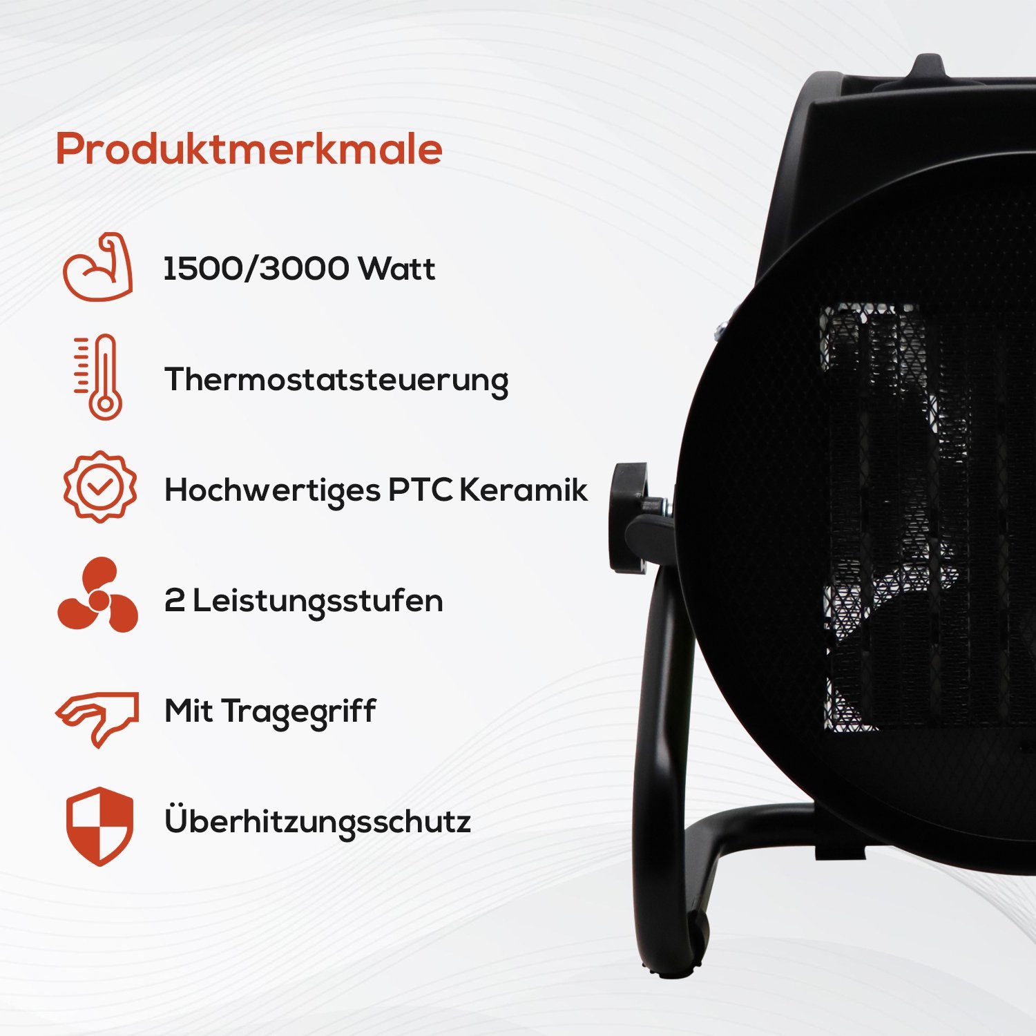 TroniTechnik Heizstrahler Heizlüfter, Keramikheizung, Schnellheizer TT-KH-503,Keramikheizelement, 3000 W, zwei Heizstufen, Überhitzungsschutz und Abschaltautomatik, Thermostat