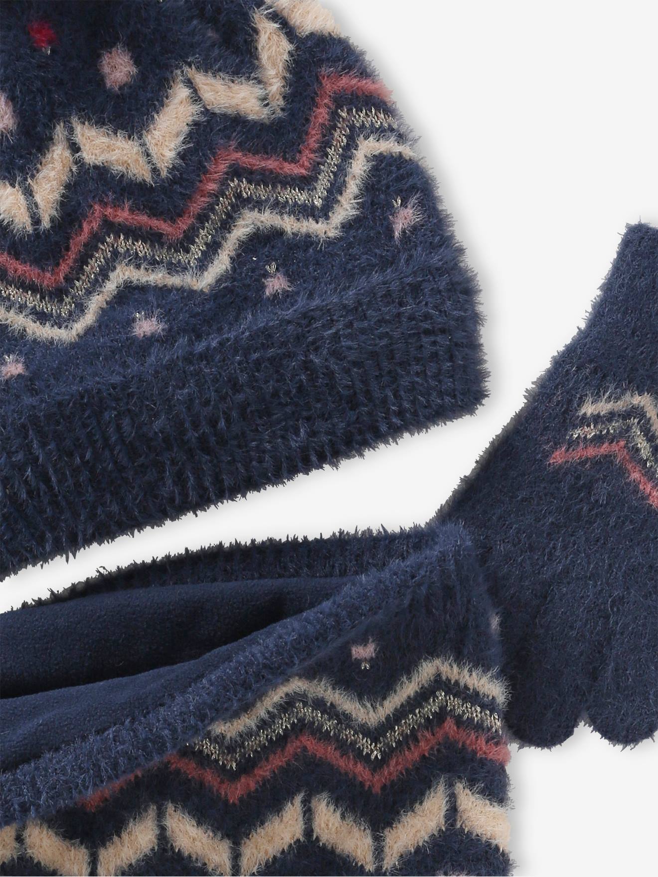 Vertbaudet Mädchen Strick-Set: Mütze, Rundschal & Handschuhe - nachtblau