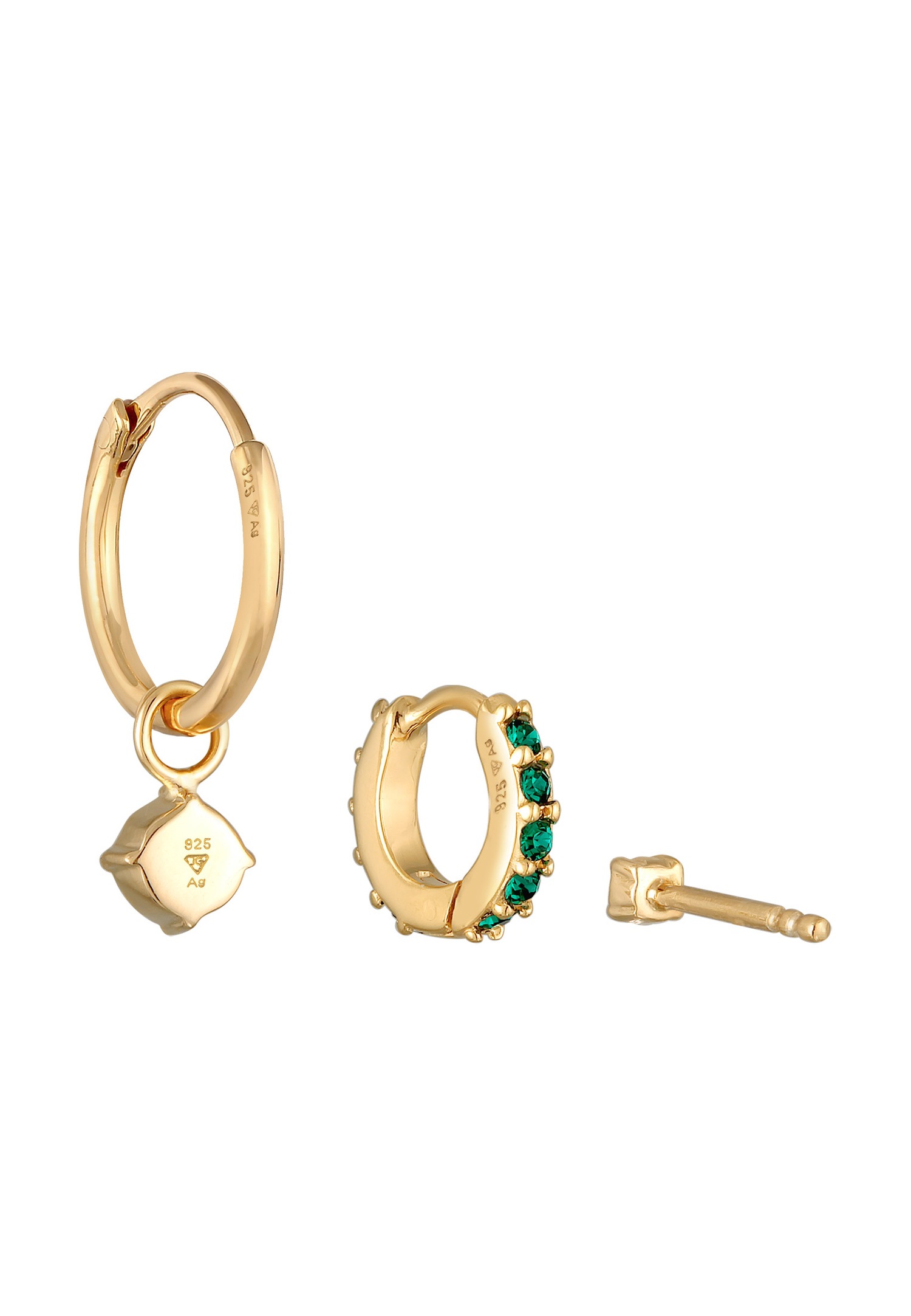 Conjunto de pendientes de aro Elli para mujer con cristal verde en plata de ley 925 chapada en oro.
