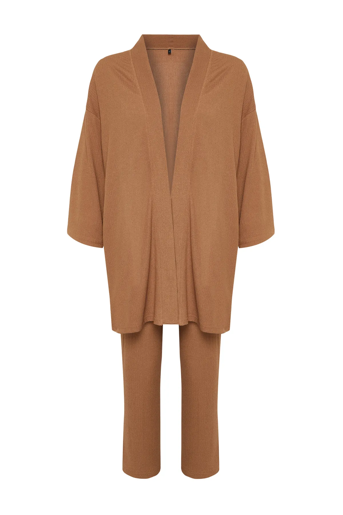 Trendyol Modest  Beigefarbenes, gestricktes Kimono-Hose-Bottom-Top-Set TCTSS24US00045