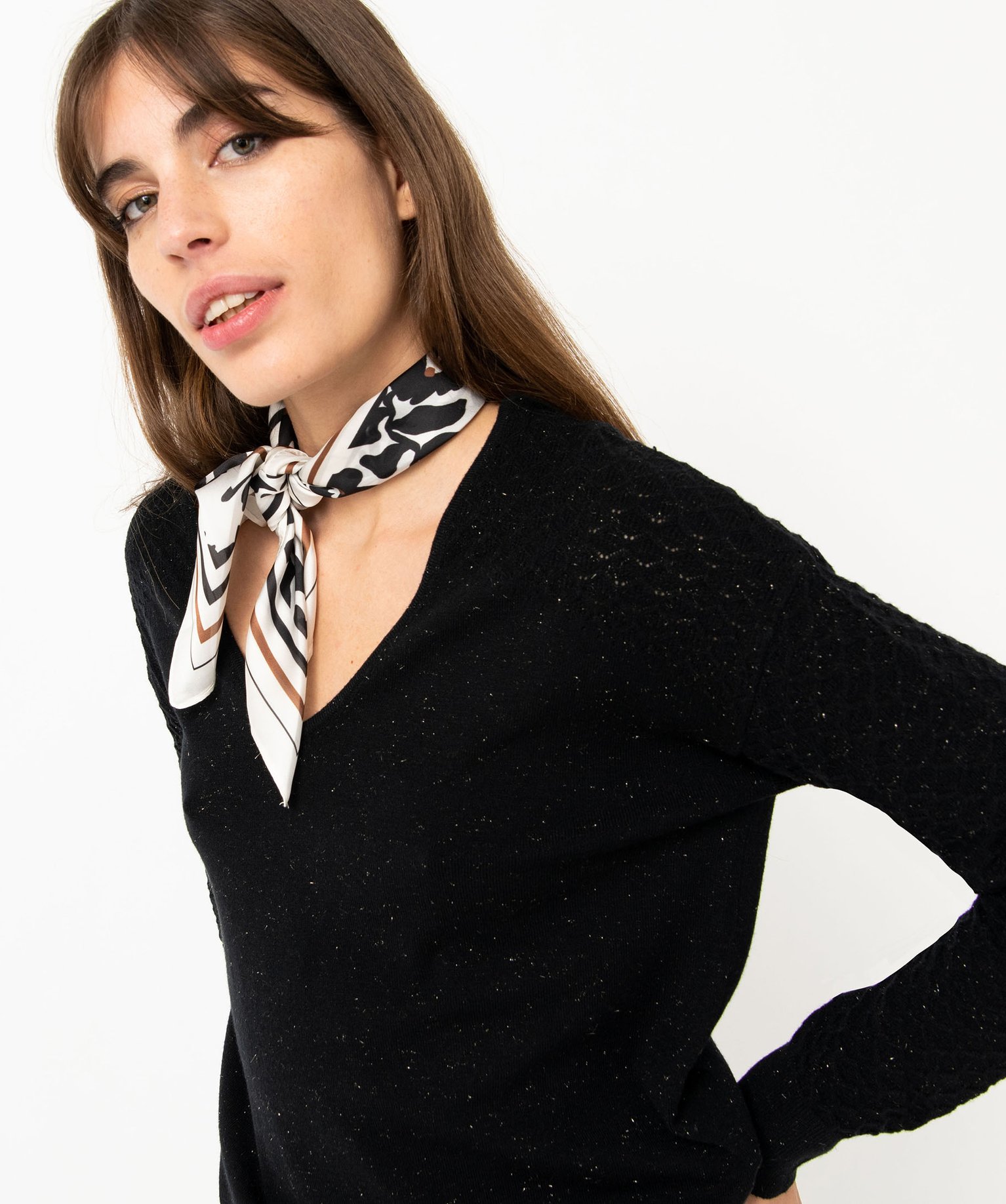 Pull avec double col V et manches fantaisie femme noir | GEMO