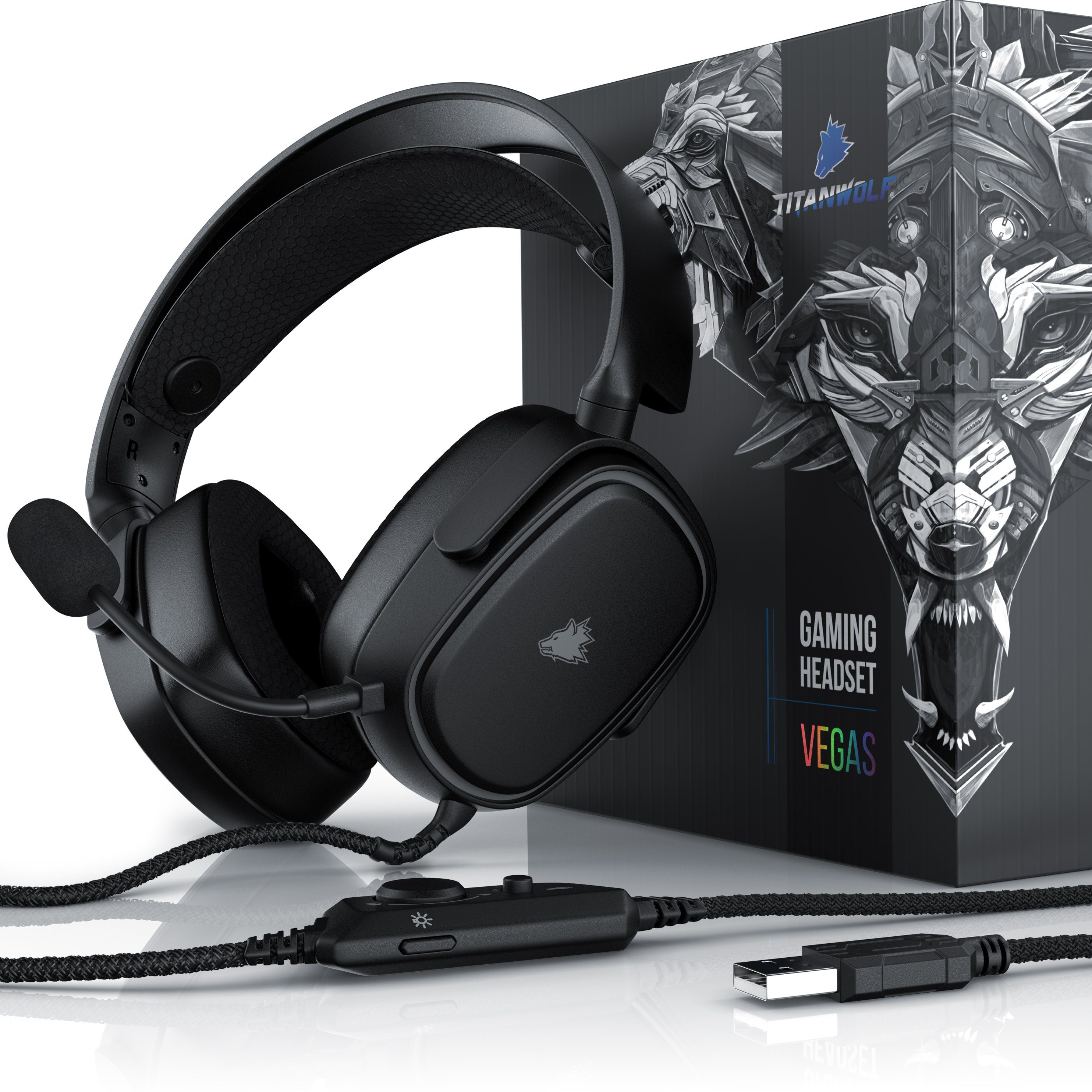 Titanwolf Gaming-Headset (Kabel mit Stoffummantelung; Mikrofon entnehmbar; Kabelfernbedienung mit Lautstärke; RGB Beleuchtung, 7.1 Virtuell Surround Kopfhörer, 1,95 cm Kabel, für PC, PS4 & PS5)