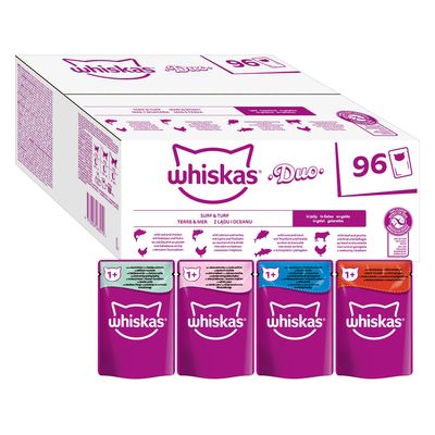 96 x 85 g Whiskas Nassfutter + 16 x 60 g Snack-Mix zum Sonderpreis!