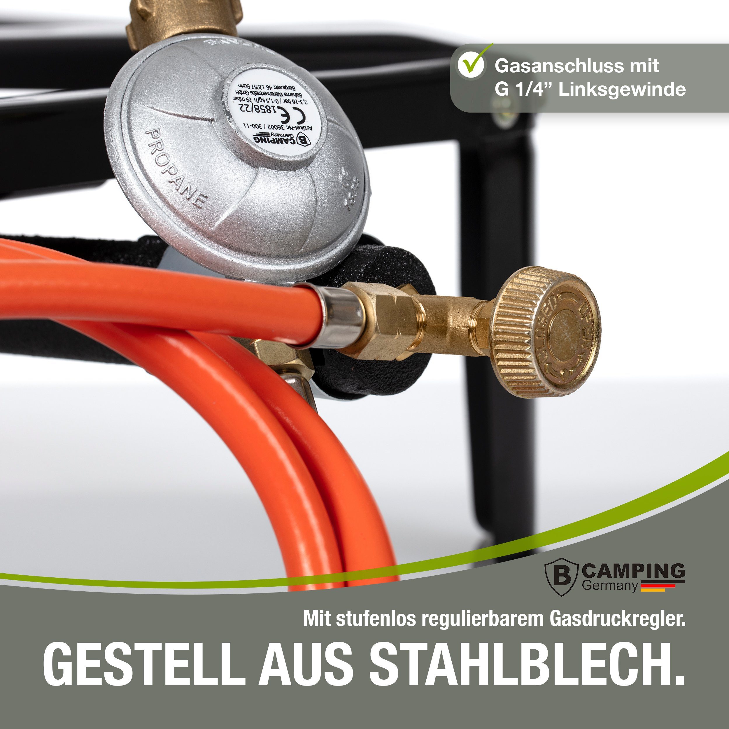 bahama Gaskocher B CAMPING GERMANY® Gaskocher inkl. Gasschlauch mit Druckminder, 50 mbar - robuster Campingkocher leistungsstark 7,5 KW - Hockerkocher