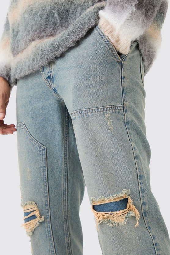 Relaxed Rigid Ripped Carpenter Jeans In Vintage Blue