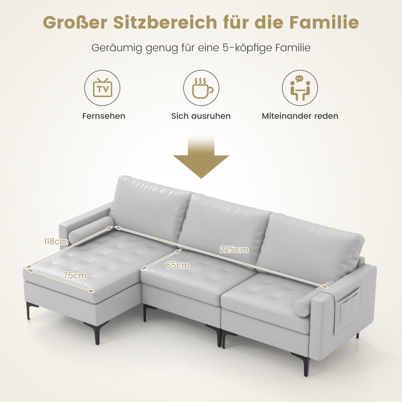 COSTWAY Ecksofa, mit Schlaffunktion, 2 USB-Anschlüsse&Steckdose, 322x130x80cm
