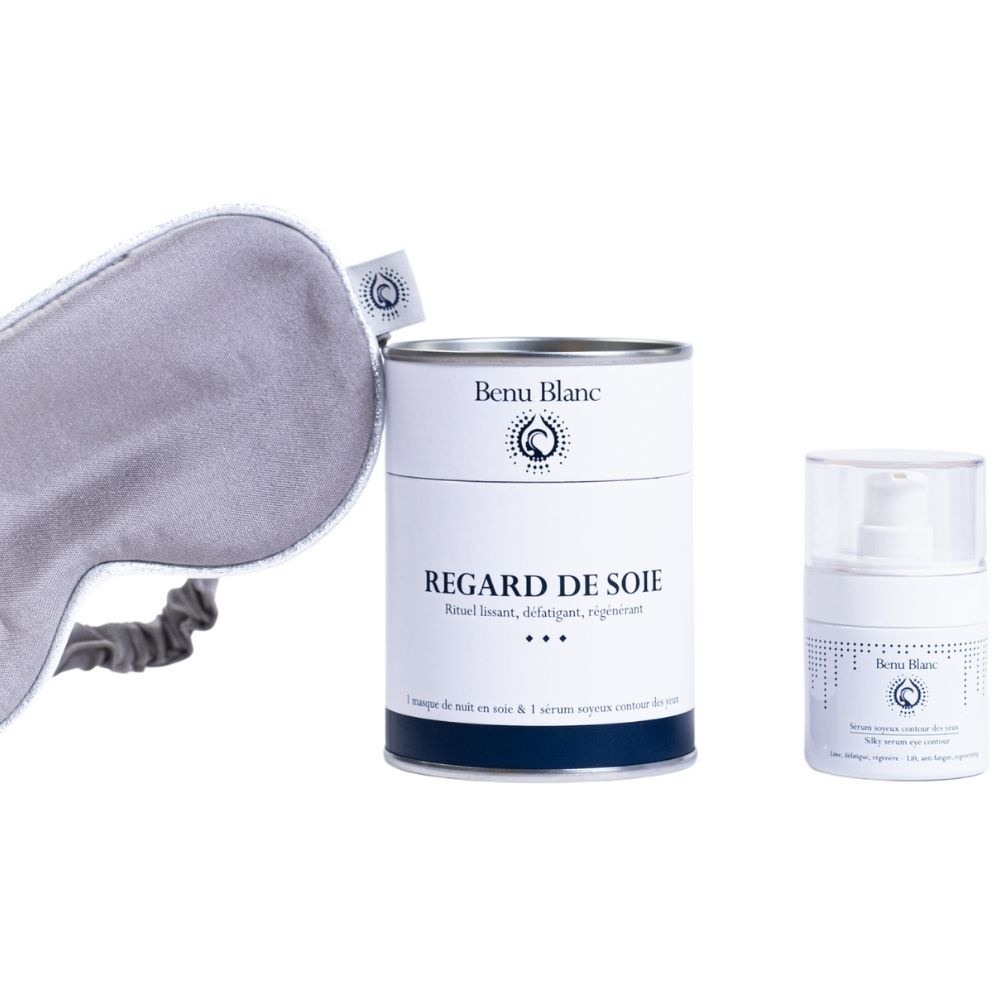 benu blanc Regard de soie : rituel intégral masqueen soie gris et sérum soyeux Soin contour des yeux et masque yeux ensoie