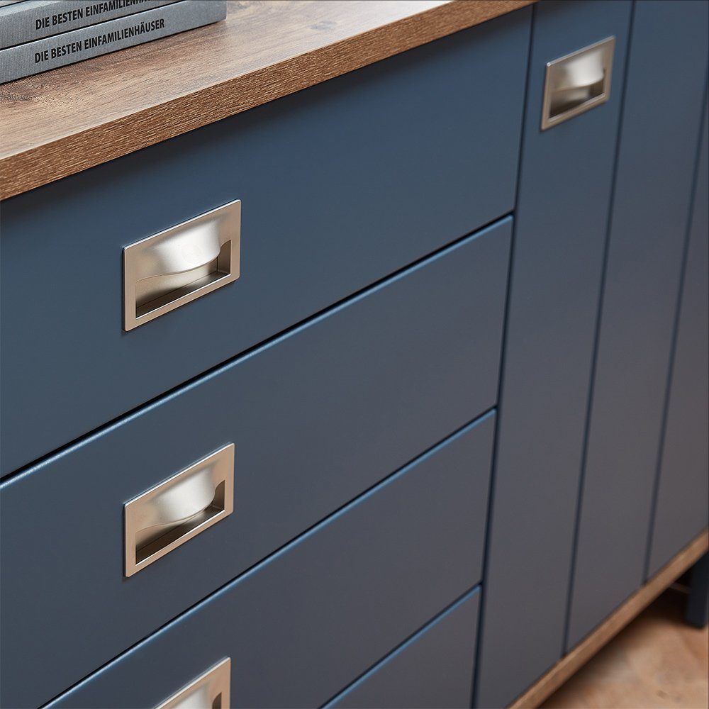 Lomadox Buffet DEVON-36 Landhaus in blau mit Details in Eiche Nb., inkl. LED Beleuchtung