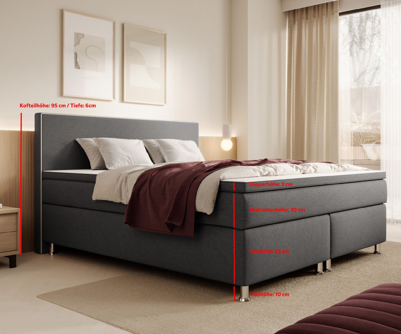 IHG Boxspringbett Gent 180x200cm Taschenfederkern Anthrazit / BEZ176501