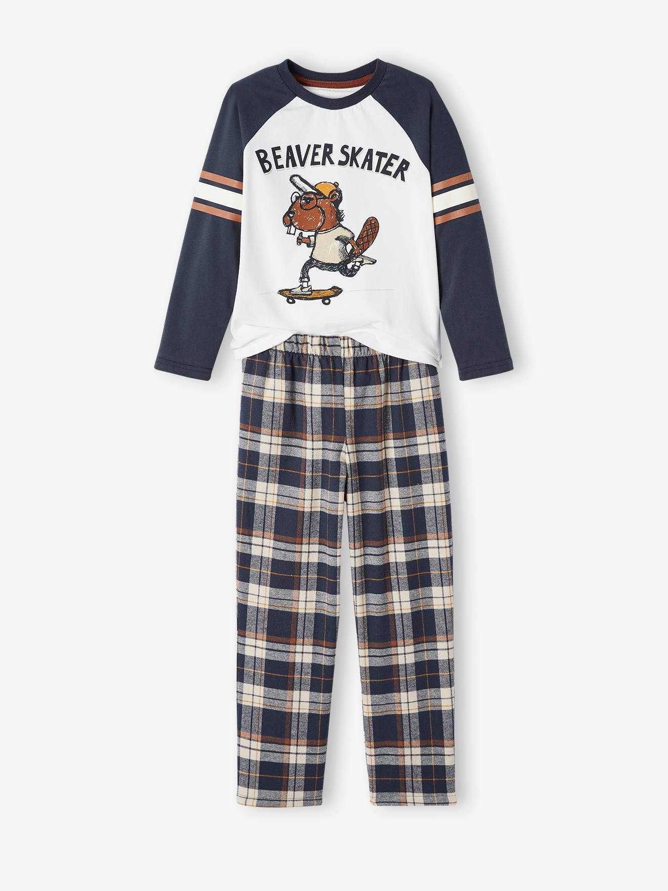 Pyjama castor garçon avec bas en flanelle bleu fonce