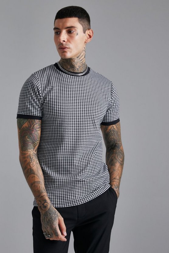 Smartes Slim-Fit Jacquard Ringer T-Shirt mit Hahnentritt-Print