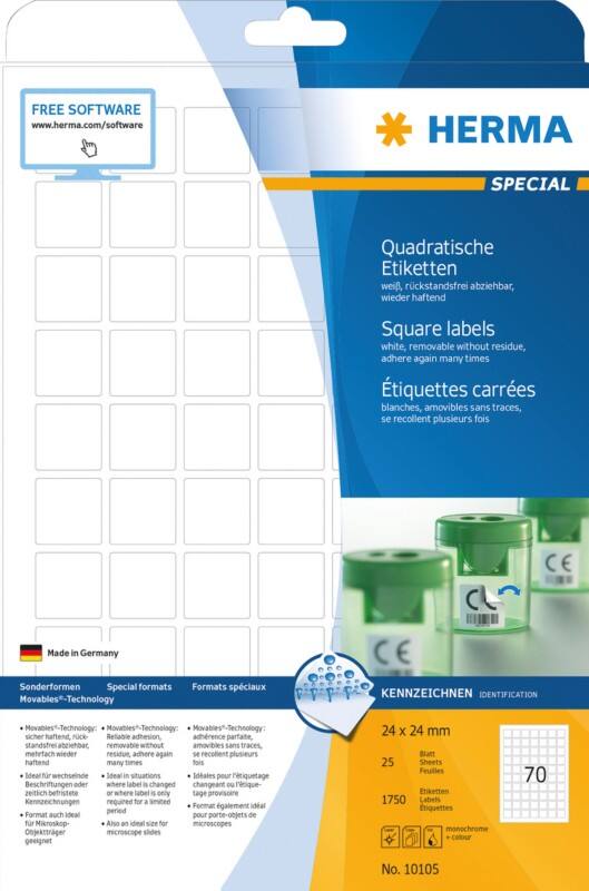 HERMA Wiederablösbare Etiketten 10105 Weiß Quadratisch 24 x 24 mm 25 Blatt à 70 Etiketten