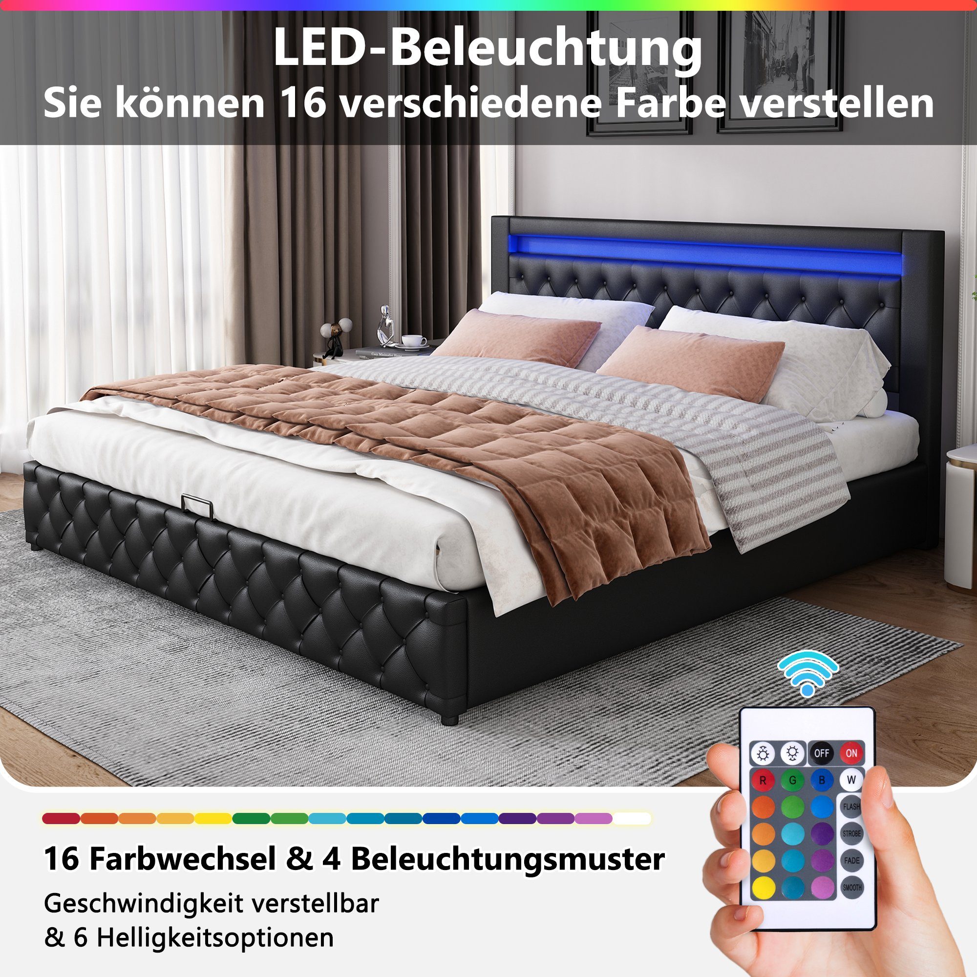 HAUSS SPLOE Polsterbett Polsterbett Funktionsbett Doppelbett Bettrahmen Bettgestelle (Kunstleder, Hydraulisch 140 x 200 cm/180 x 200 cm), Funktionsbett mit Lattenrost und Stauraum, Mit LED-Beleuchtung