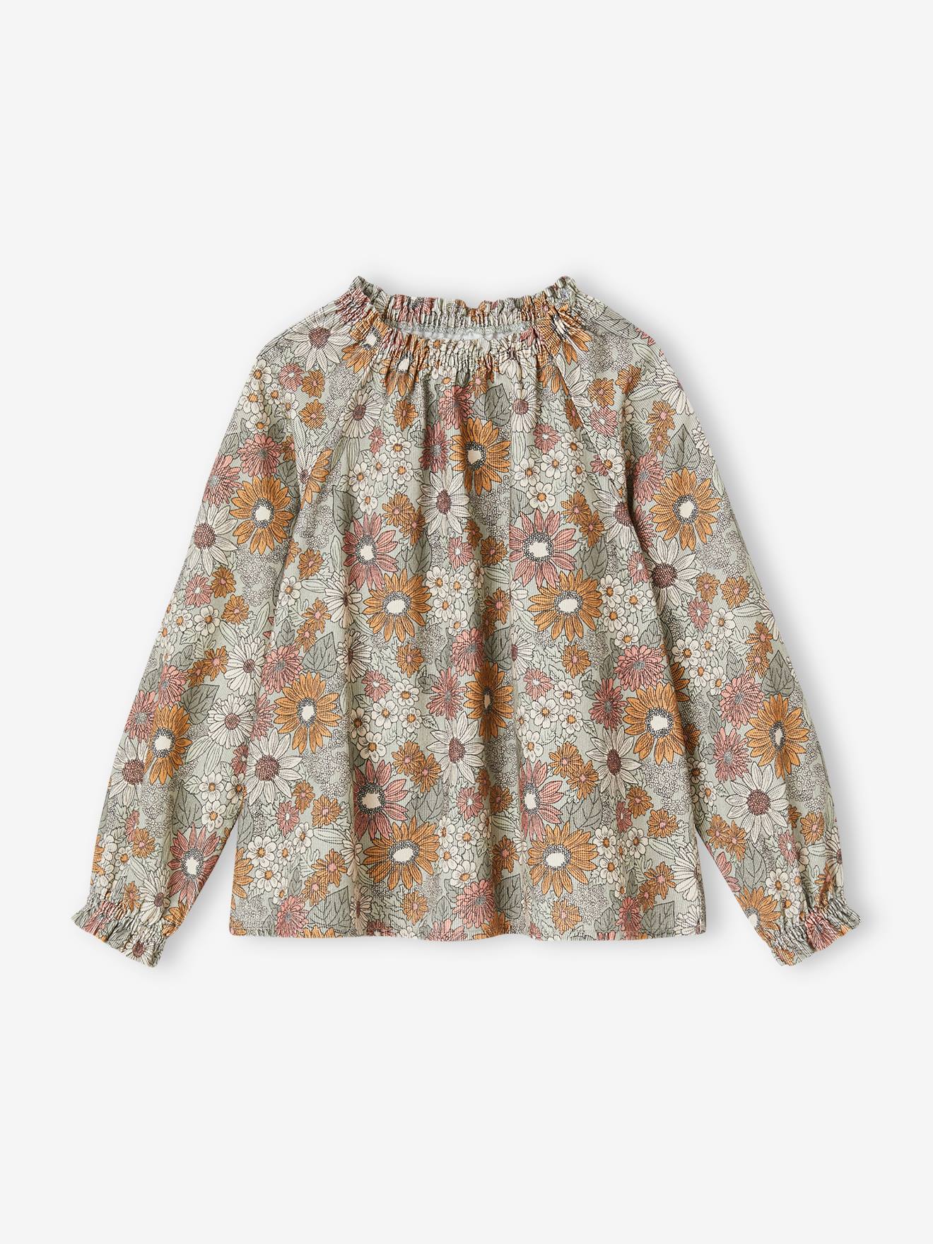 Blouse à fleurs en velours milleraies fille vert d'eau