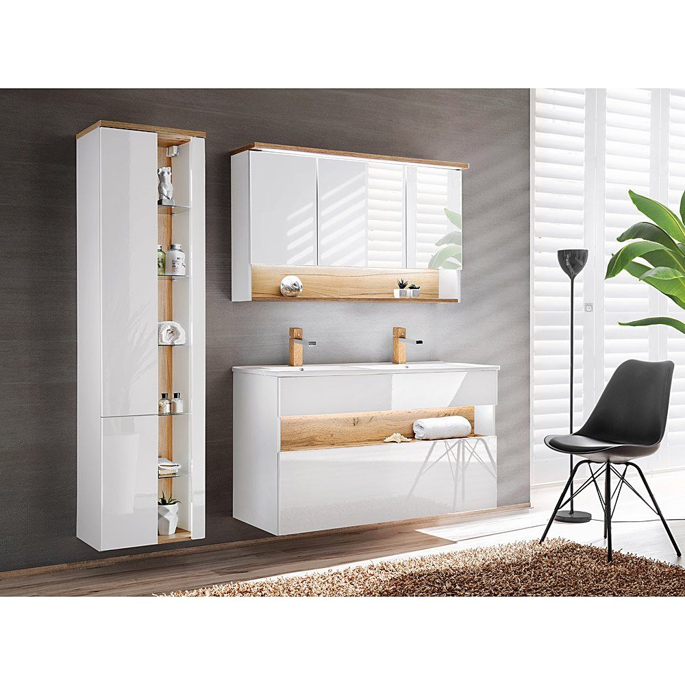 Lomadox Spiegelschrank BERMUDA-56 Badezimmer 120cm LED- in weiß mit WotaneicheB/H/T 120/69/25cm