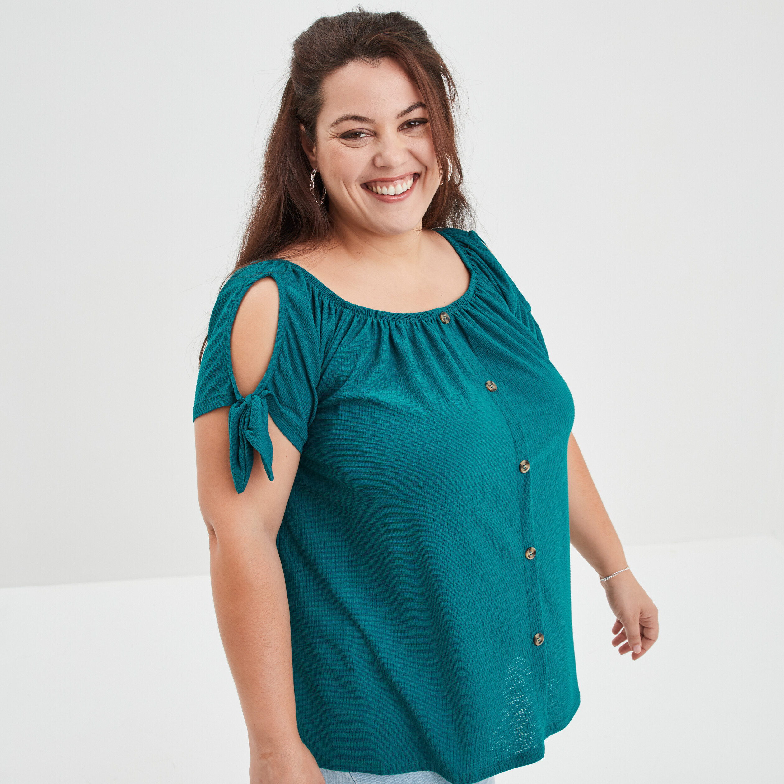 T-shirt col bardot manches noeuds bleu canard femme grande taille | La Halle