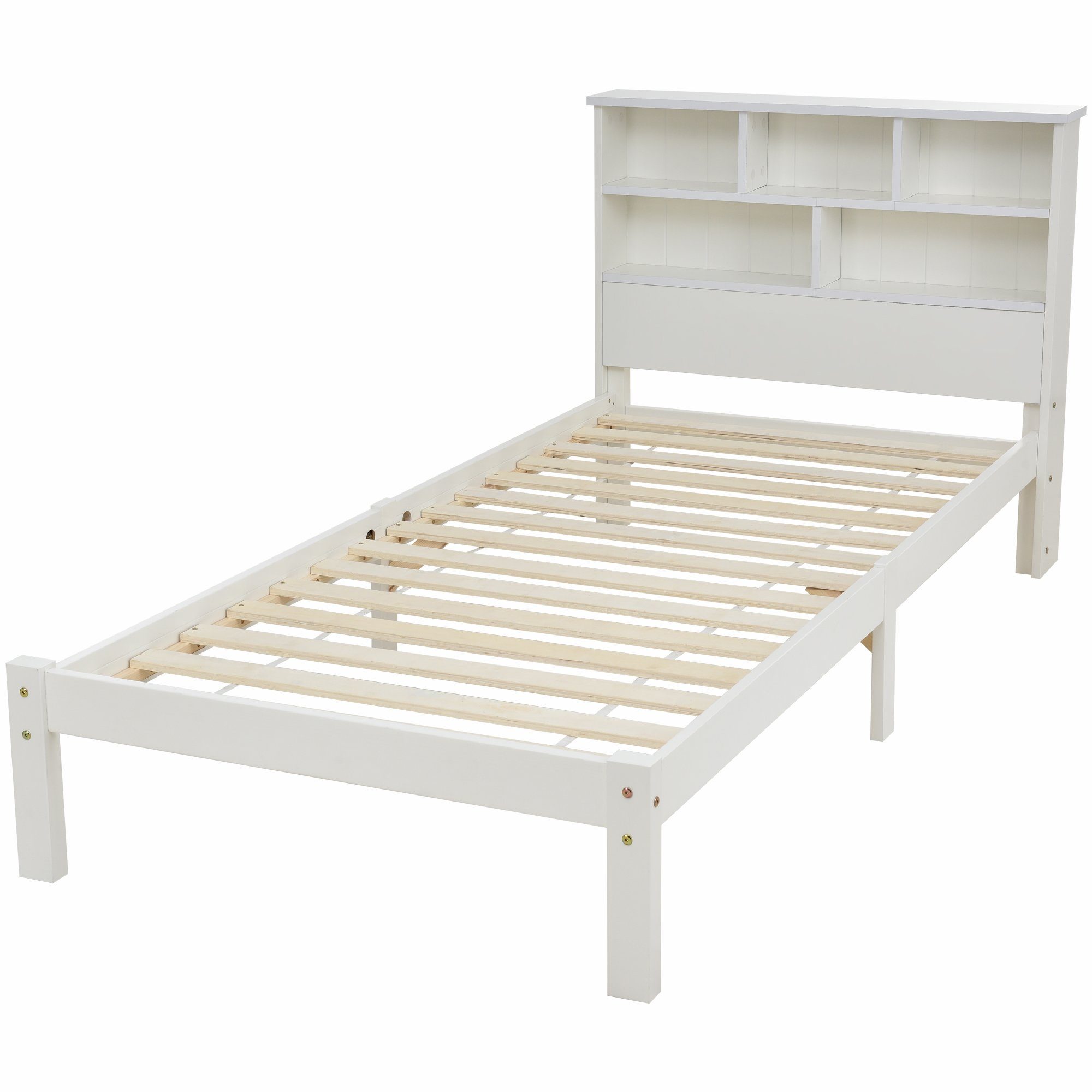 Flieks Massivholzbett, Einzelbett mit Bücherregal Kopfteil 90x200cm weiß