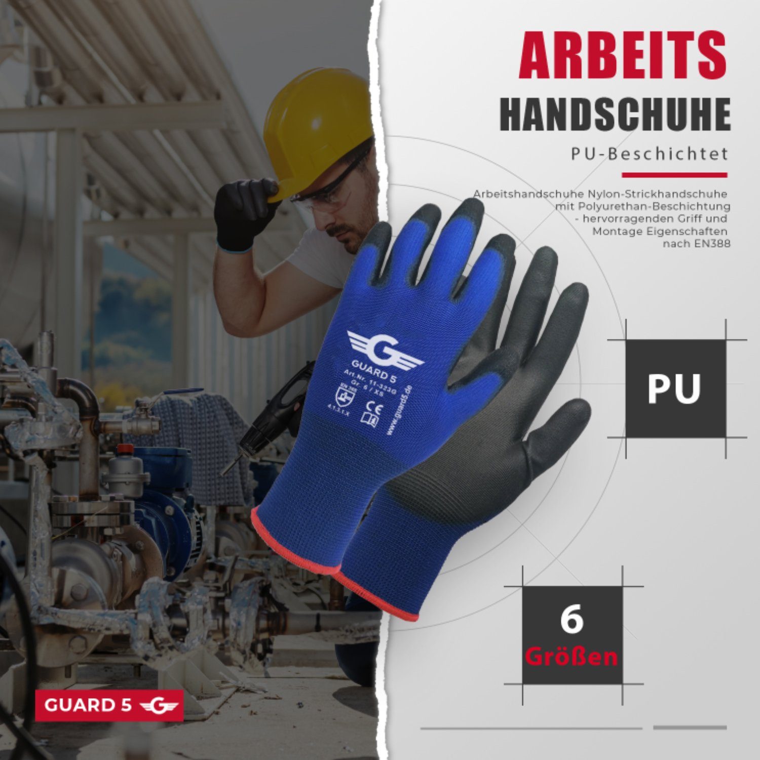 GUARD 5 Arbeitshandschuhe - 12 oder 24 Paar Arbeitshandschuhe mit PU-Beschichtung (Art.11323G) atmungsaktiv